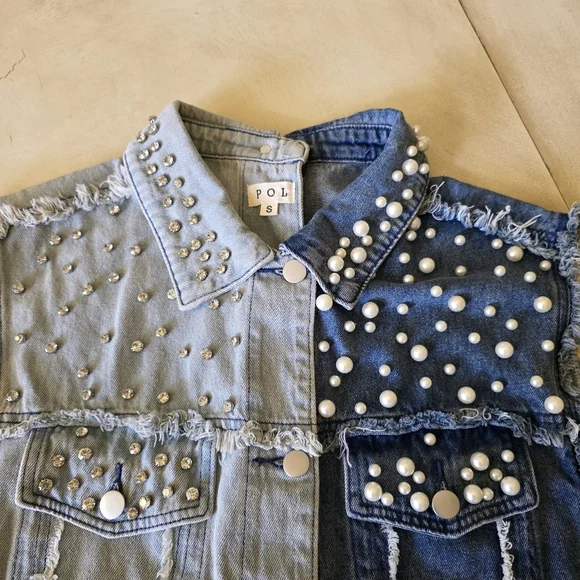 POL Mixed Wash Pearl & Rhinestone Distressed Denim Vest - Picture 10 of 12